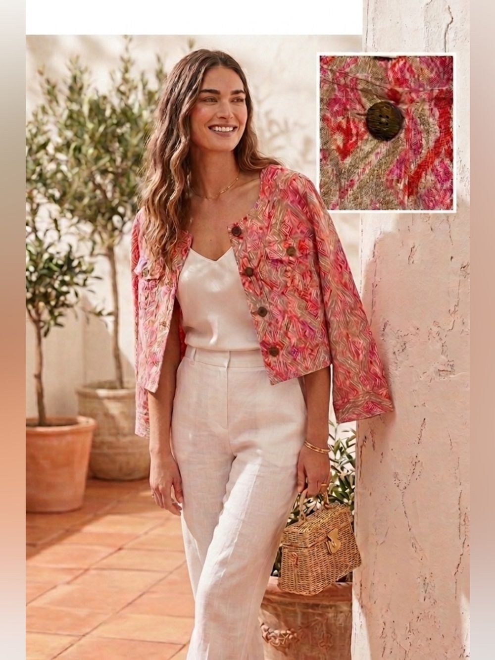 Charter Club 100% Linen Jacket Pink Red Ikat Tribal Boho Wood Button Blazer XL